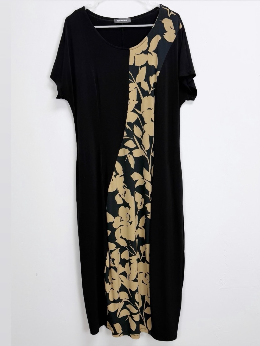 Alembika Dress Womens 3 12-14 Black Tan Floral Maxi Panel Short Sleeve Stretch
